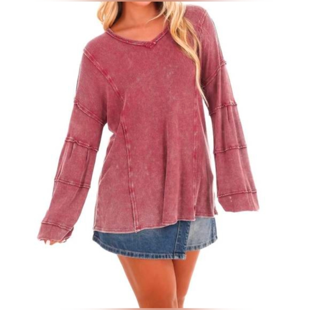 MEDIUM OVERSIZED STUD VNECK MINERAL WASHED THERMAL TUNIC-NWT